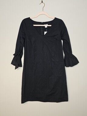 J. Crew Factory Cotton Midi Dress LBD Size 4 Zip Back Black Bow Sleeve NWT